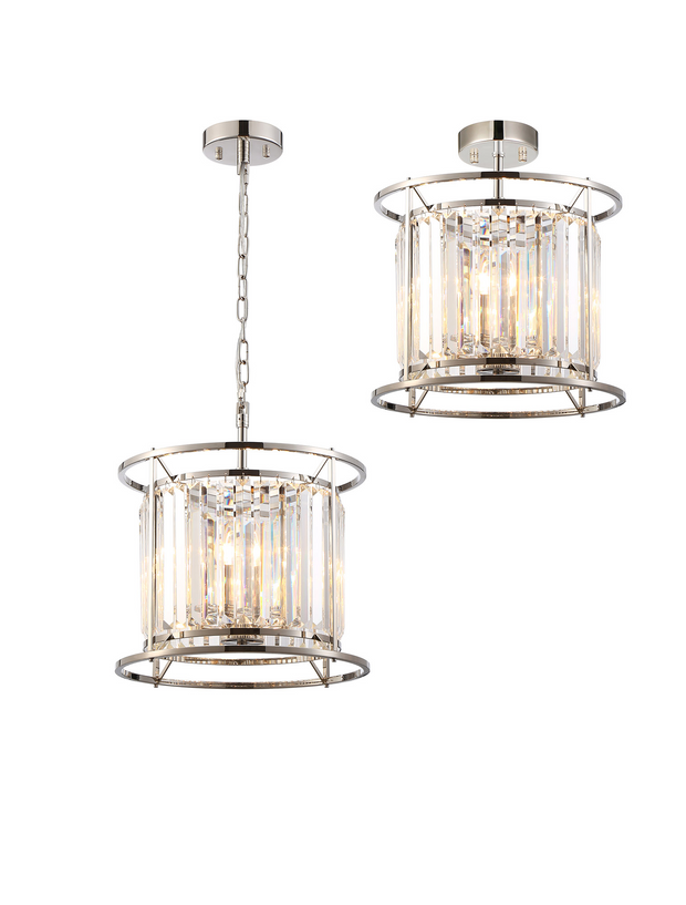 Idolite Petra 3 Light Pendant/Semi-Flush Ceiling Light Polished Nickel With Clear Crystal