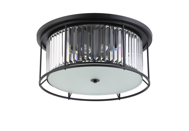 Idolite Petra 6 Light Round Flush Ceiling Light Satin Black With Clear Crystal