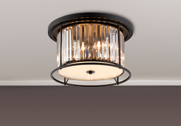 Idolite Petra 4 Light Round Flush Ceiling Light Satin Black With Clear Crystal