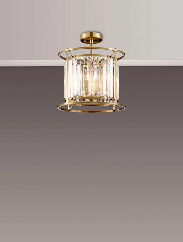 Idolite Petra 3 Light Pendant/Semi-Flush Ceiling Light Antique Brass With Clear Crystal