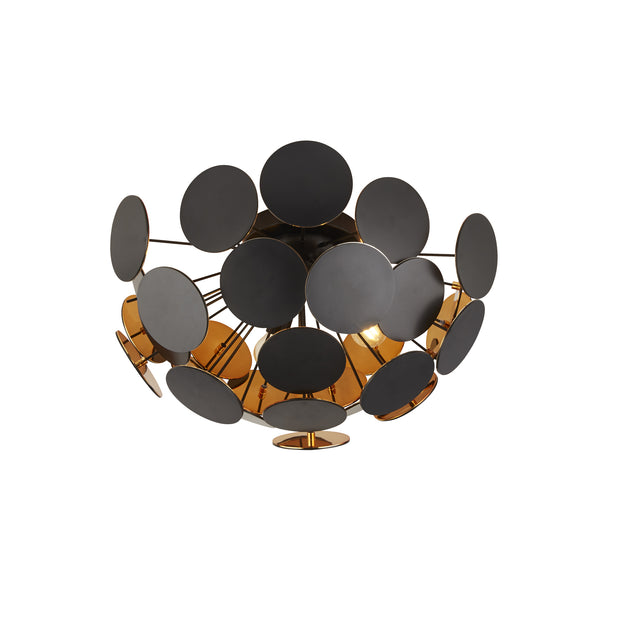 Matt Black Discus 3 Light Flush Ceiling Light Complete With Gold Inners
