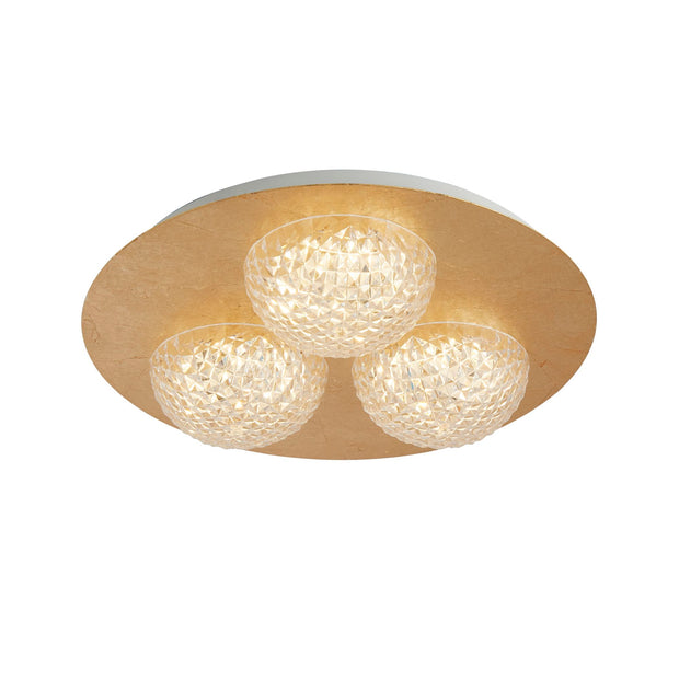 Gold Leaf Finish Flush 3 Light Led Ceiling Light Complete With Clear Acrylic Shades - 3000K