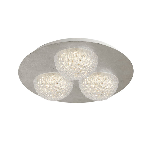 Silver Leaf Finish Flush 3 Light Led Ceiling Light Complete With Clear Acrylic Shades - 3000K