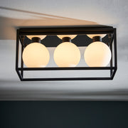Thorlight Delphi 3 Light Rectangular Flush Bathroom Ceiling Light In Matt Black With Opal Glass Globes - IP44
