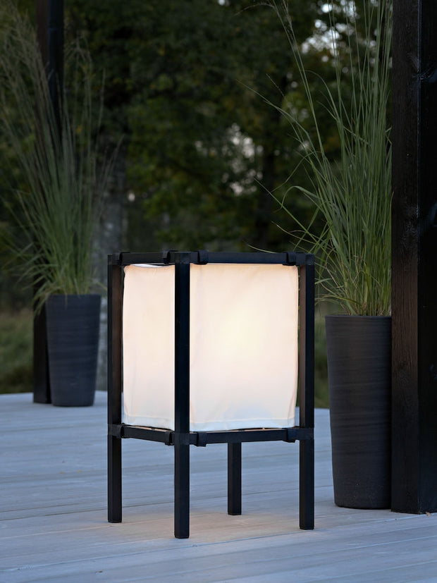Konstsmide Palermo Matt Black Small Exterior Floor Lamp Complete With White Fabric Shade