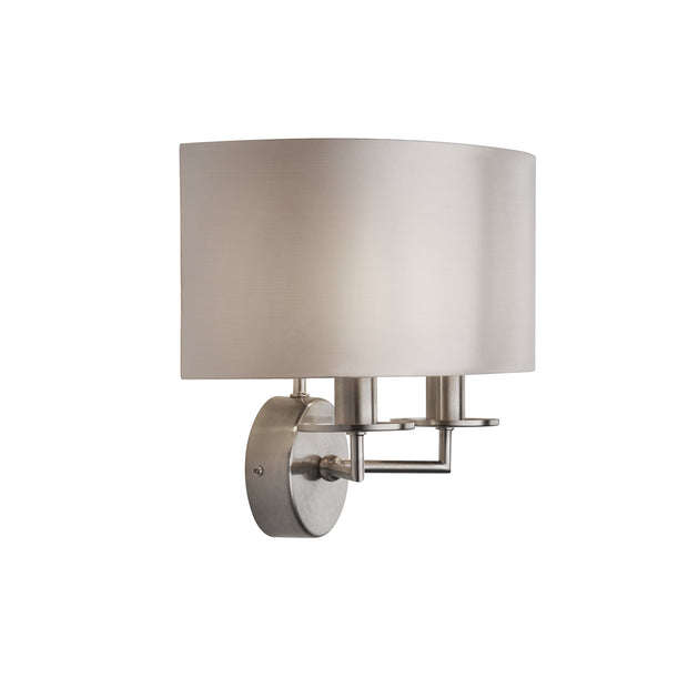 Satin Silver Knightsbridge 2 Light Wall Light Complete With Silver Faux Silk Shade