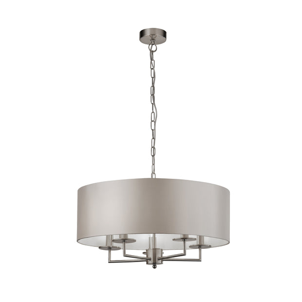Satin Silver Knightsbridge 5 Light Pendant Complete With Silver Faux Silk Shade