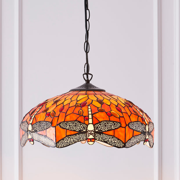 Interiors 1900 Dragonfly Flame 3 Light Tiffany Pendant - 64081