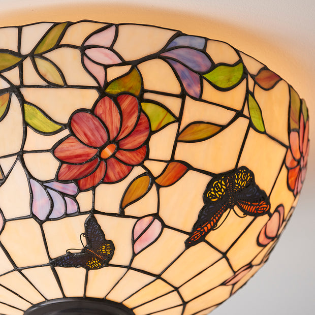 Interiors 1900 Butterfly 2 Light Flush Tiffany Ceiling Light - 70715