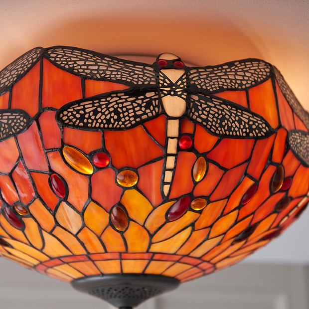 Interiors 1900 Dragonfly Flame 2 Light Flush Tiffany Ceiling Light - 70721