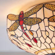 Interiors 1900 Beige Dragonfly 2 Light Flush Tiffany Ceiling Light - 70723