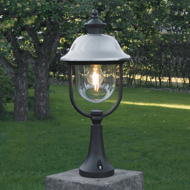 Konstsmide Parma Matt Black Exterior Pedestal Lamp Complete With Stainless Steel Hat And Clear Acrylic Lens