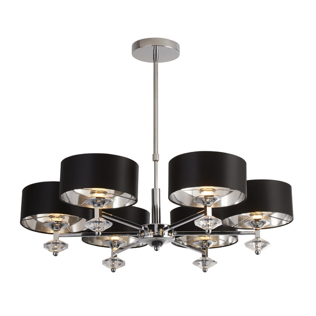 Polished Chrome New Orleans 6 Light Pendant Complete With Black Shades With Silver Inners