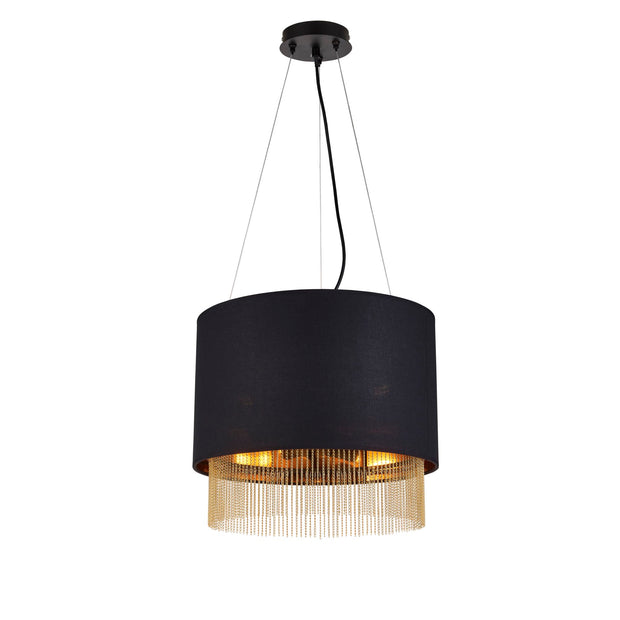 Matt Black Fringe Circular Pendant Light Complete With Black And Gold Shade and Gold Decoration