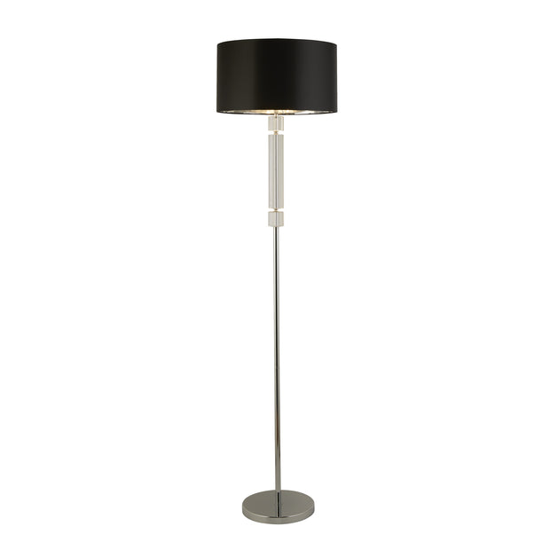 Polished Chrome Floor Lamp Complete With Crystal Column And Black Shade With Silver Inner