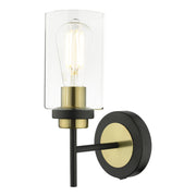 Dar Abel Industrial Wall Light Satin Black With Antique Brass Detailing & Clear Glass