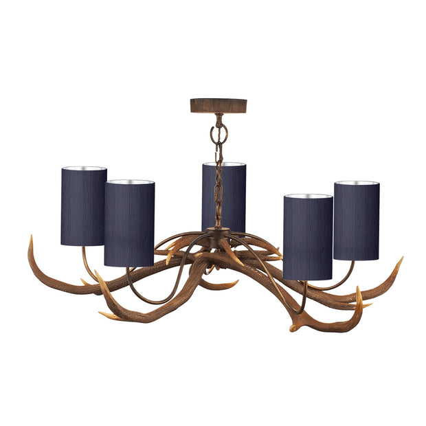 David Hunt Antler ANT0500 Rustic 5 Light Chandelier Complete With Bespoke Silk Shades - (Specify Shade Colour)