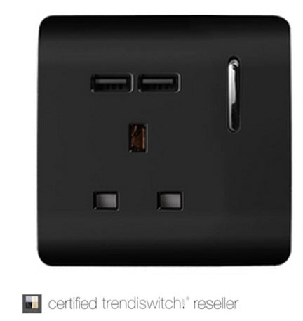 Trendiswitch Gloss Black 1 Gang 13A Switched Socket With 2 USB Ports