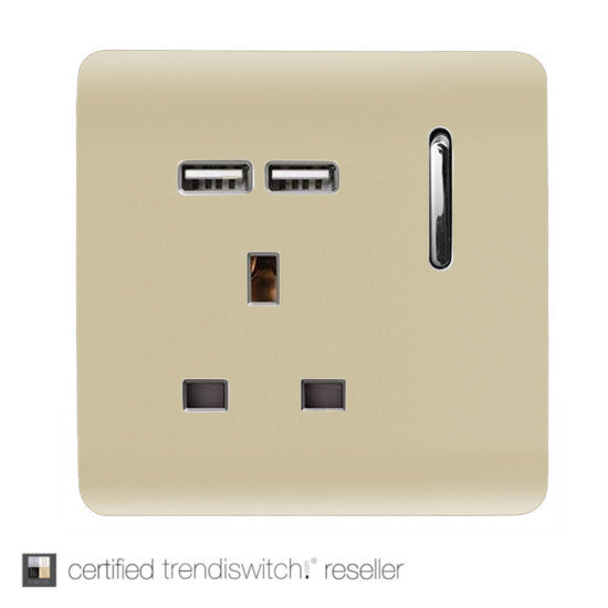 Trendiswitch Champagne Gold 1 Gang 13A Switched Socket With 2 USB Ports