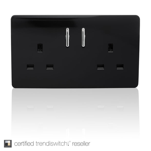 Trendiswitch Gloss Black 2 Gang 13A Short Switched Double Socket