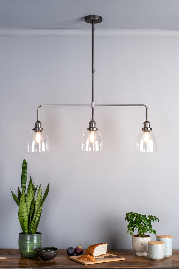 Dar Arvin ARV0361 3 Light Bar Pendant In Antique Chrome With Glass Shades