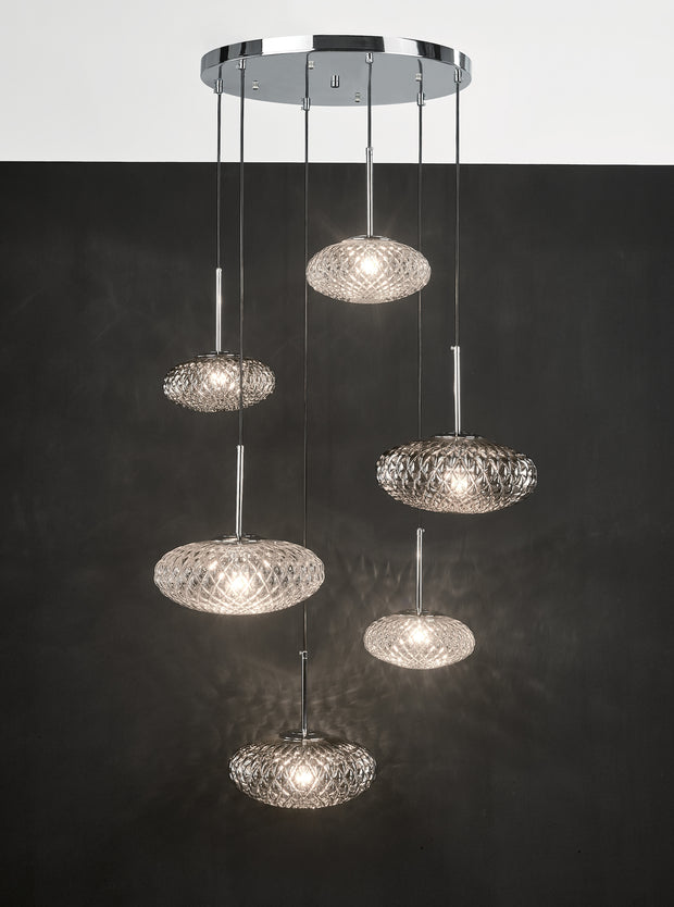 Dar Bibiana BIB6450 6 Light Cluster Pendant In Polished Chrome Finish With Clear And Smoked Glass Shades