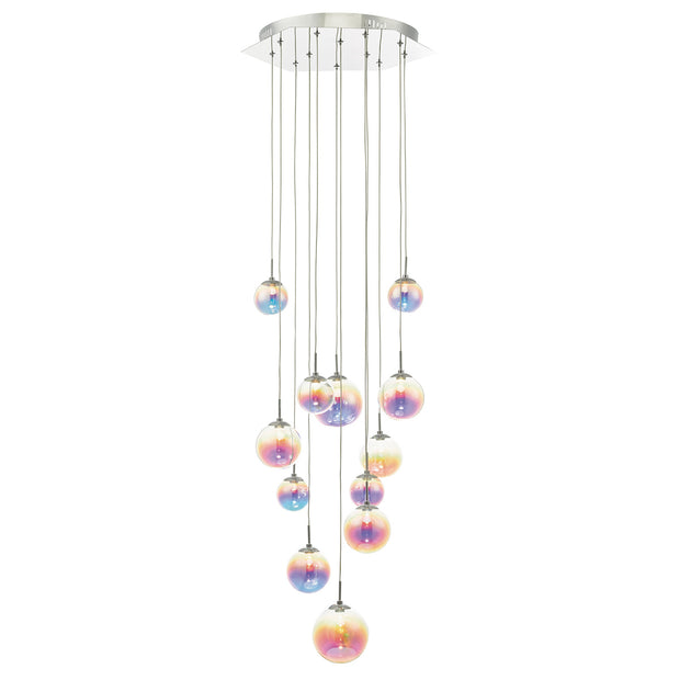 Dar Cesario CES1250 12 Light LED Cluster Pendant In Polished Chrome Finish With Multi Colour Glass shades