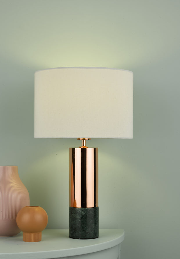 Dar Digby DIG4264 Table Lamp In Polished Copper & Green Marble Complete With White Shade