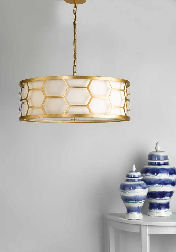 Dar Epstein EPS0412 4 Light Pendant In Gold Leaf Finish Complete With Ivory Shade & Frosted Glass Diffuser