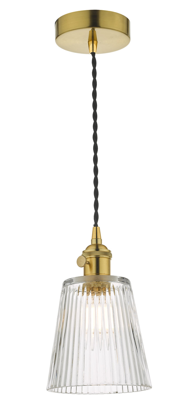 Dar Hadano HAD0140-05 Single Pendant In Natural Brass Finish Complete With Ribbed Glass Shade