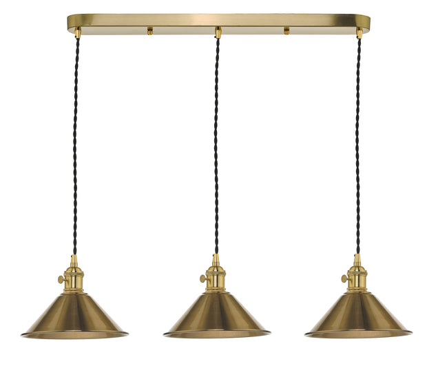Dar Hadano HAD3640-01 3 Light Bar Pendant In Natural Brass Finish Complete With Aged Brass Shades
