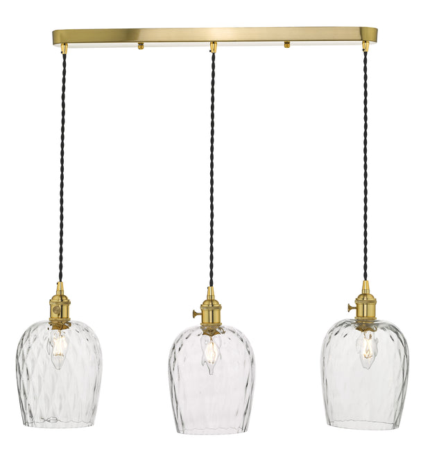 Dar Hadano HAD3640-03 3 Light Bar Pendant In Natural Brass Finish Complete With Dimpled Glass Shades