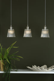 Dar Hadano HAD3661-05 3 Light Bar Pendant In Antique Chrome Finish Complete With Ribbed Glass Shades