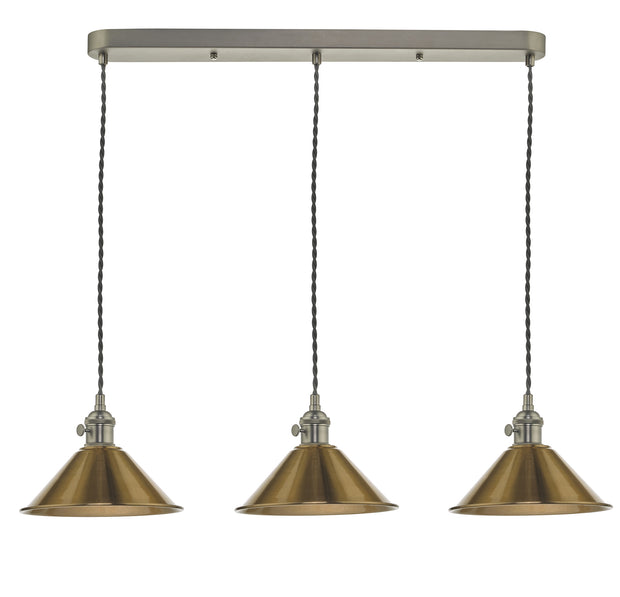 Dar Hadano HAD3661-01 3 Light Bar Pendant In Antique Chrome Finish Complete With Aged Brass Shades
