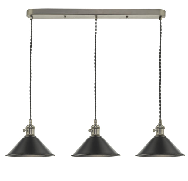 Dar Hadano HAD3661-02 3 Light Bar Pendant In Antique Chrome Finish Complete With Antique Pewter Shades