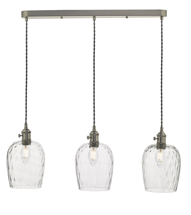 Dar Hadano HAD3661-03 3 Light Bar Pendant In Antique Chrome Finish Complete With Dimpled Glass Shades