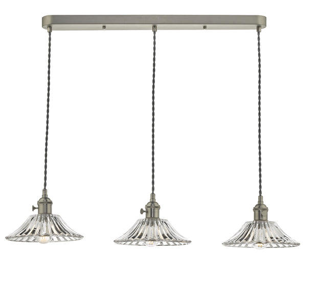 Dar Hadano HAD3661-04 3 Light Bar Pendant In Antique Chrome Finish Complete With Flared Glass Shades