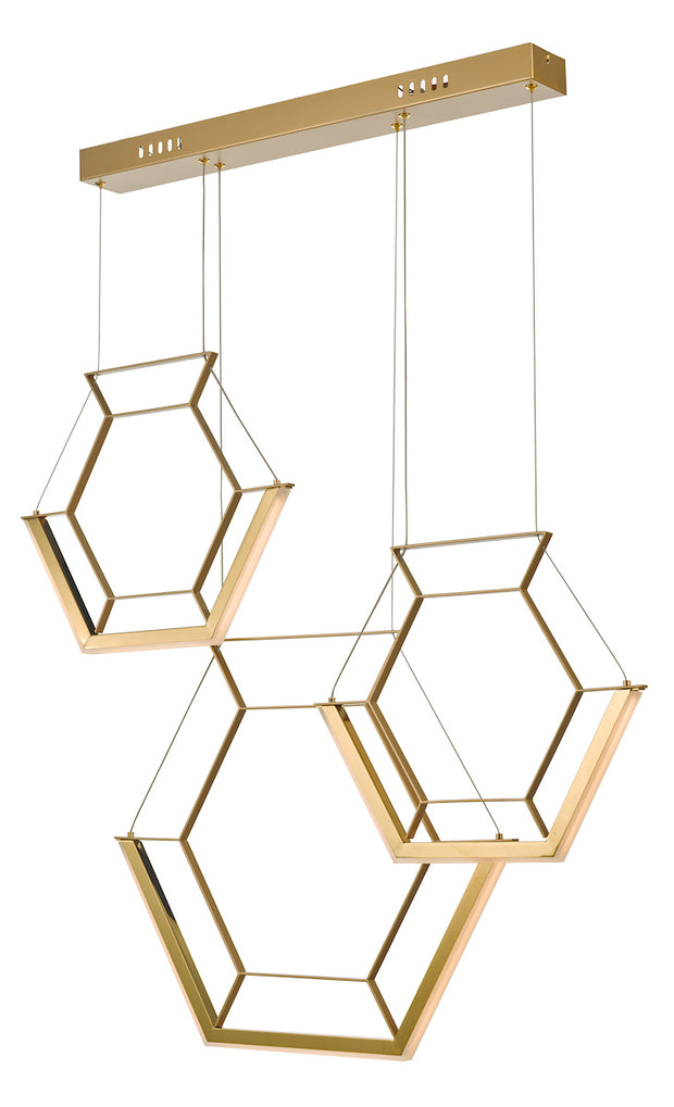Dar Hexagon HEX0335 LED 3 Light Pendant In Satin Gold Finish