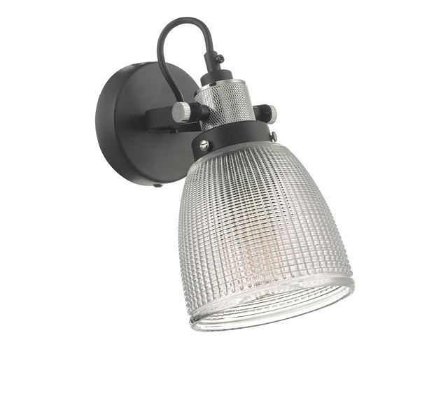 Dar Ismet ISM0722 Single Wall Light In Matt Black & Polished Chrome Finish With Textured Glass Shade