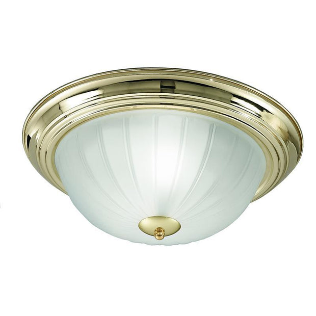 Idolite 355mm Circular Flush 2 Light Ceiling Light In Brass Complete With Ribbed Acid Glass