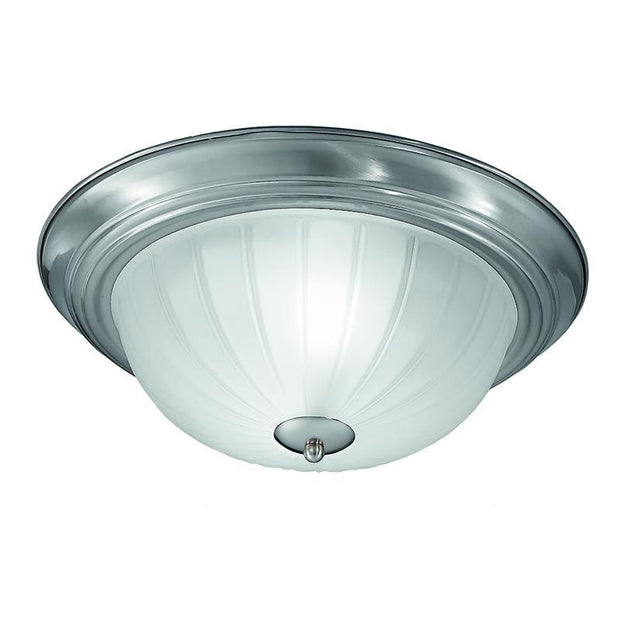 Idolite 355mm Circular Flush 2 Light Ceiling Light In Satin Nickel Complete With Ribbed Acid Glass