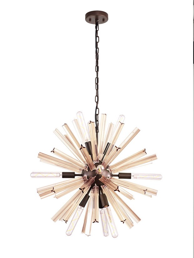 Idolite Burns Brown Oxide Round 10 Light Pendant Light Complete With Champagne Glass Rods
