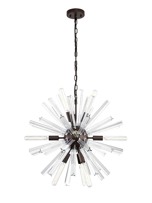 Idolite Burns Brown Oxide Round 10 Light Pendant Light Complete With Clear Glass Rods