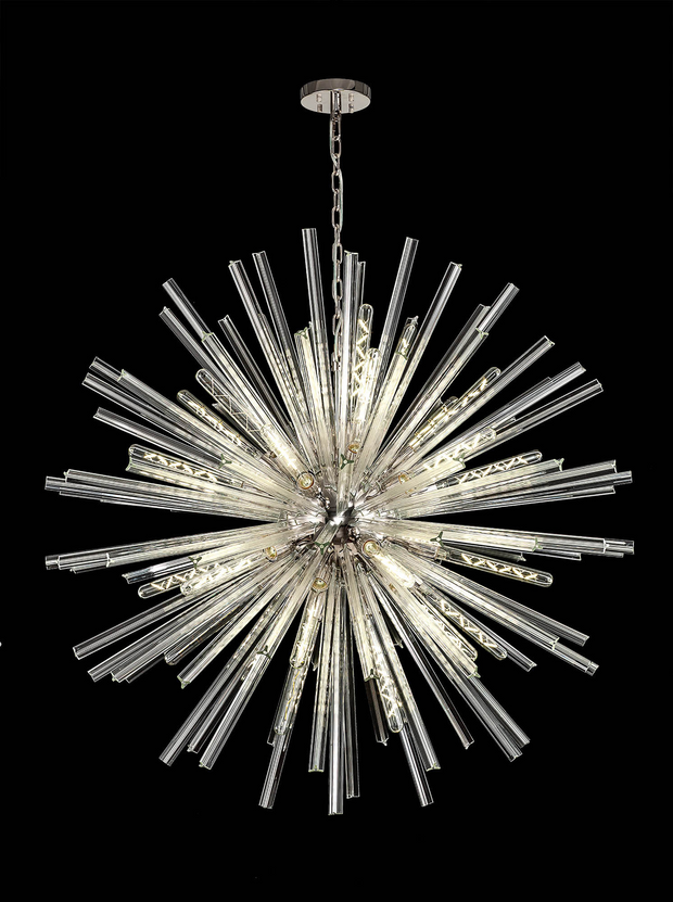 Idolite Burns Polished Nickel Large 32 Light Round Pendant Complete With Clear Glass Rods