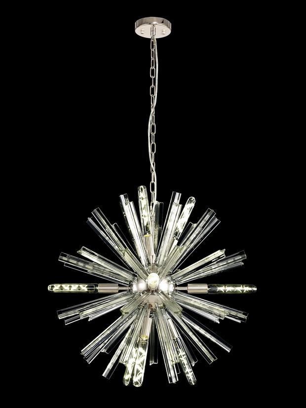 Idolite Burns Polished Nickel Round 10 Light Pendant Complete With Clear Glass Rods