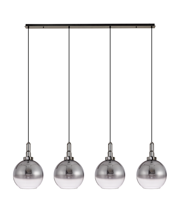Idolite Camille Black Chrome 4 Light Linear Bar Pendant With Smoked/Clear Ombre Glass Globes
