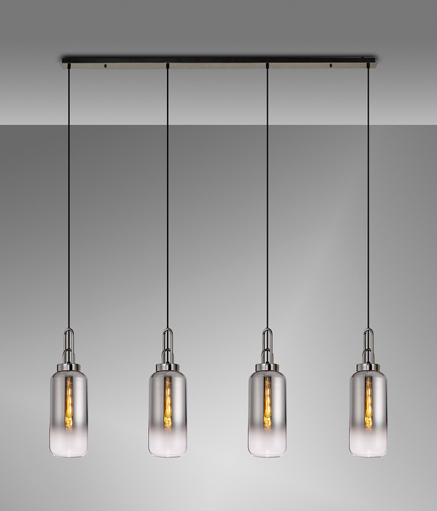 Idolite Camille Black Chrome 4 Light Linear Bar Pendant With Smoked/Clear Ombre Glasses