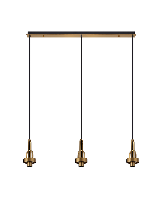 Idolite Camille Brass Gold 3 Light Linear Bar Pendant With Champagne Ribbed Glasses