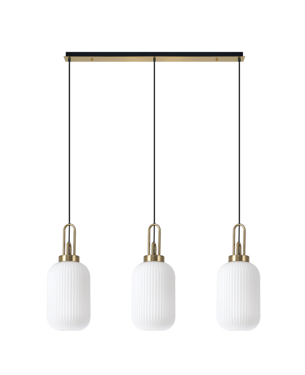 Idolite Camille Brass Gold 3 Light Linear Bar Pendant With Opal Ribbed Glasses