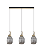Idolite Camille Brass Gold 3 Light Linear Bar Pendant With Smoked Ribbed Glasses